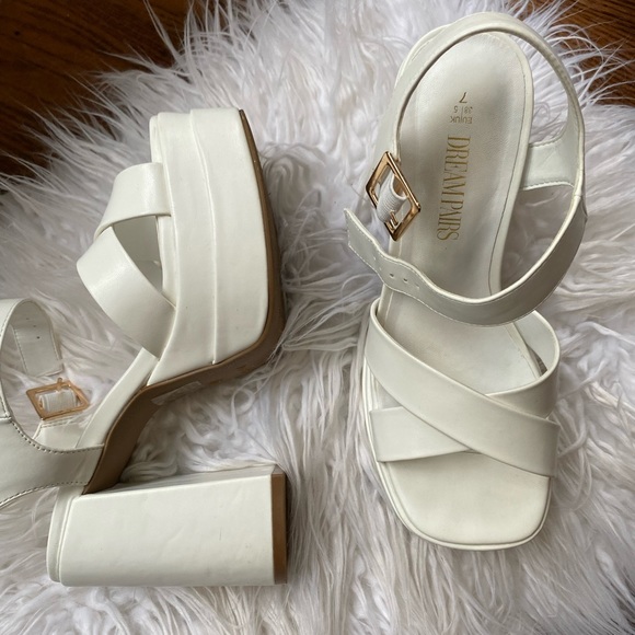 🤍 White Chunky Platform Y2K Heels Square Open Toe Ankle Strap - Picture 8 of 11
